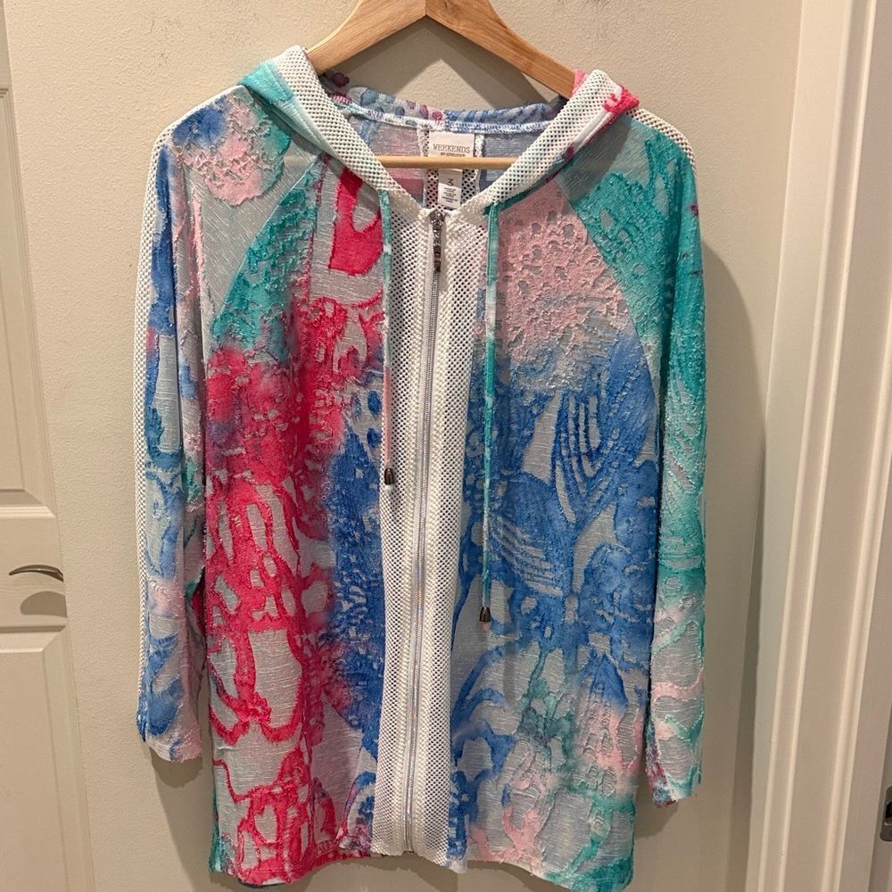 Weekend by Chico's Zip Up Multicolor Coral  Mesh Net Hoodie size 3